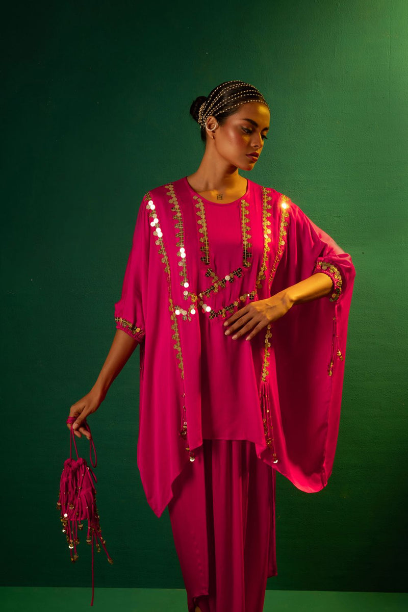 Chamakeen Tora Tunic with Dhoti Skirt satin by PRAHNAAYA in pink color for women Worldwide