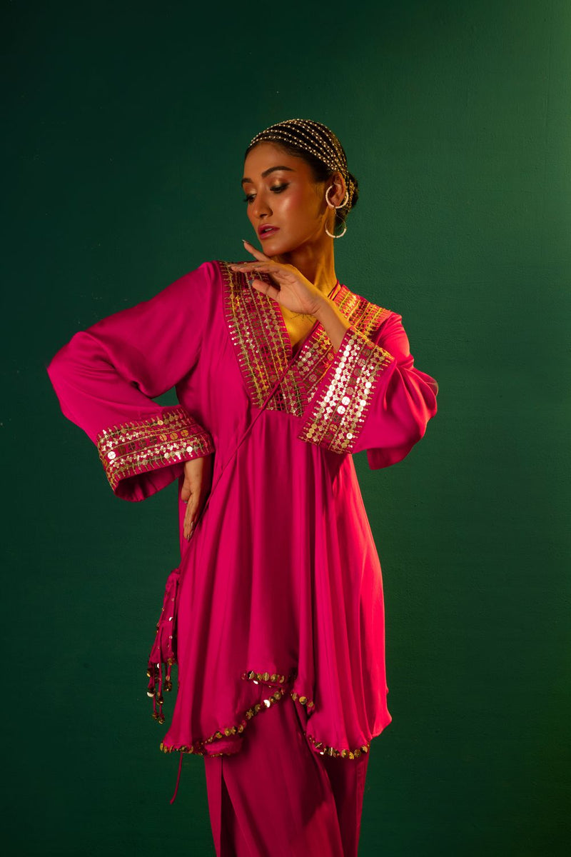 Chamakeen Ariyana Fuscia Asymmetrical Tunic with Dhoti Skirt satin by PRAHNAAYA in pink color for women Worldwide