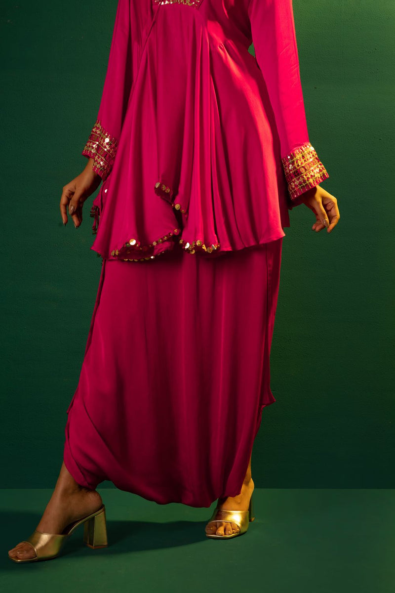 Chamakeen Ariyana Fuscia Asymmetrical Tunic with Dhoti Skirt satin by PRAHNAAYA in pink color for women Worldwide