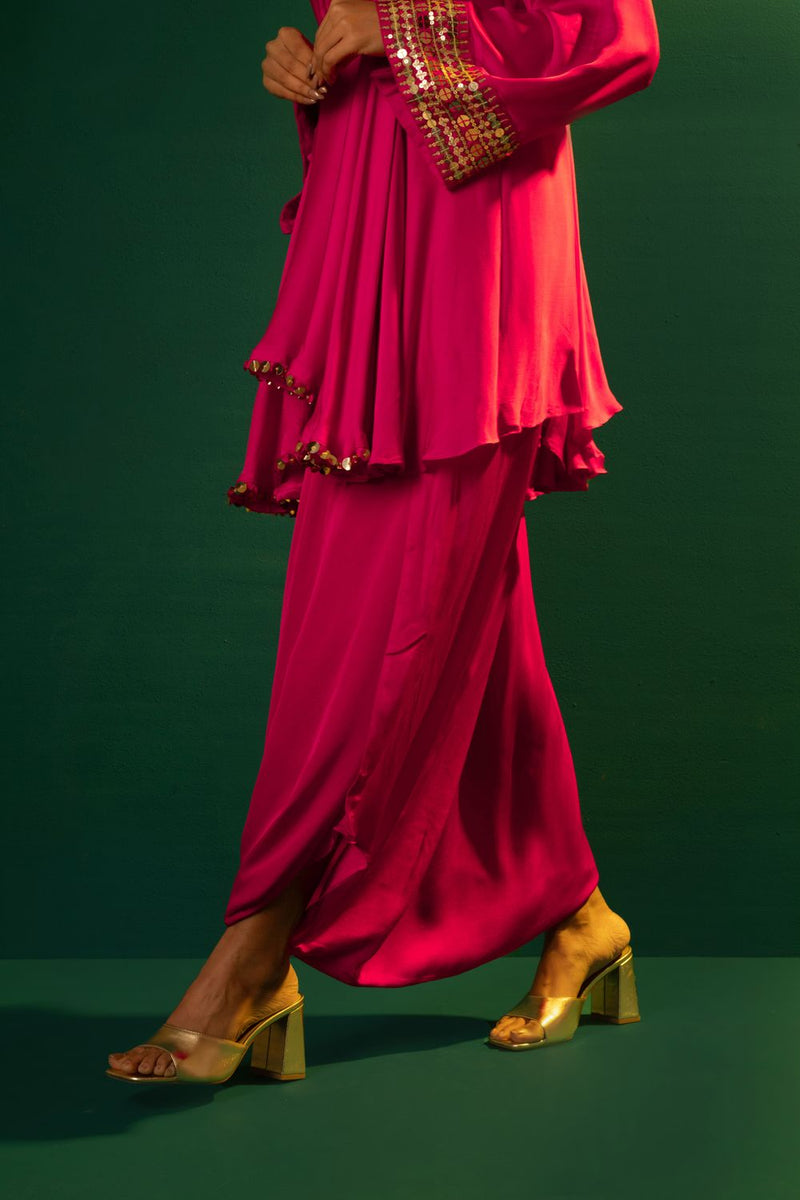 Chamakeen Ariyana Fuscia Asymmetrical Tunic with Dhoti Skirt satin by PRAHNAAYA in pink color for women Worldwide