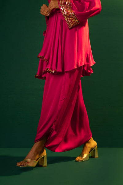 Chamakeen Ariyana Fuscia Asymmetrical Tunic with Dhoti Skirt