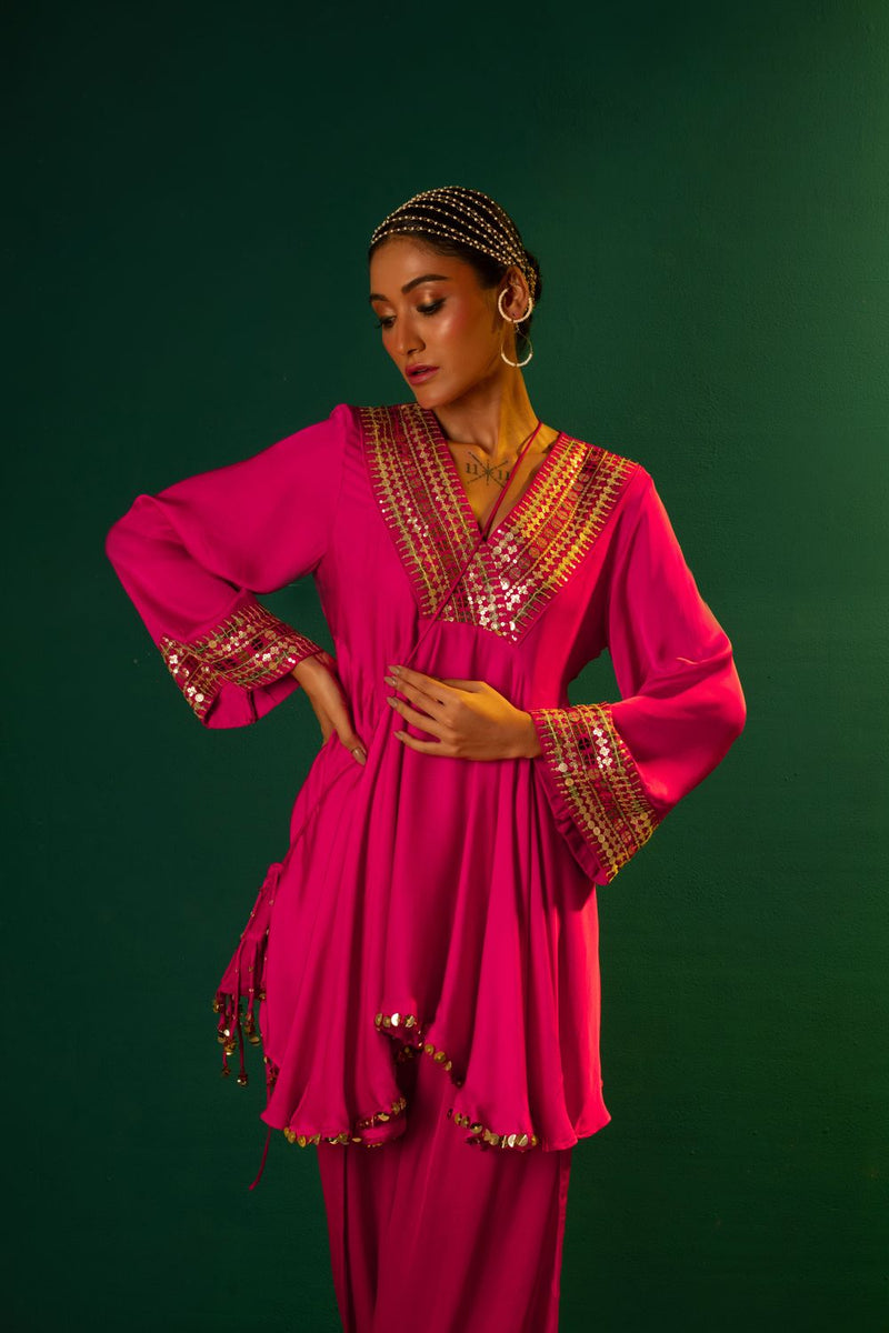 Chamakeen Ariyana Fuscia Asymmetrical Tunic with Dhoti Skirt satin by PRAHNAAYA in pink color for women Worldwide