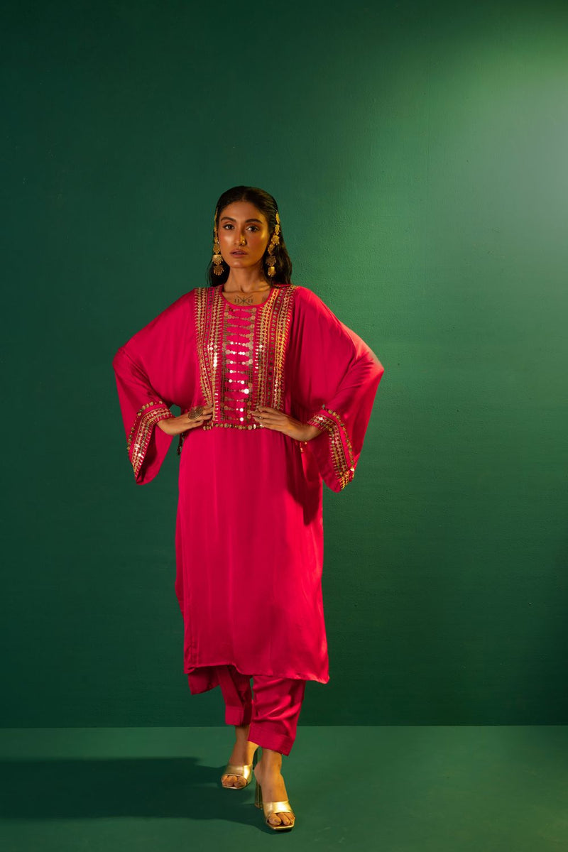 Chamakeen Marrakech Choga Kurta Set satin by PRAHNAAYA in pink color for women Worldwide