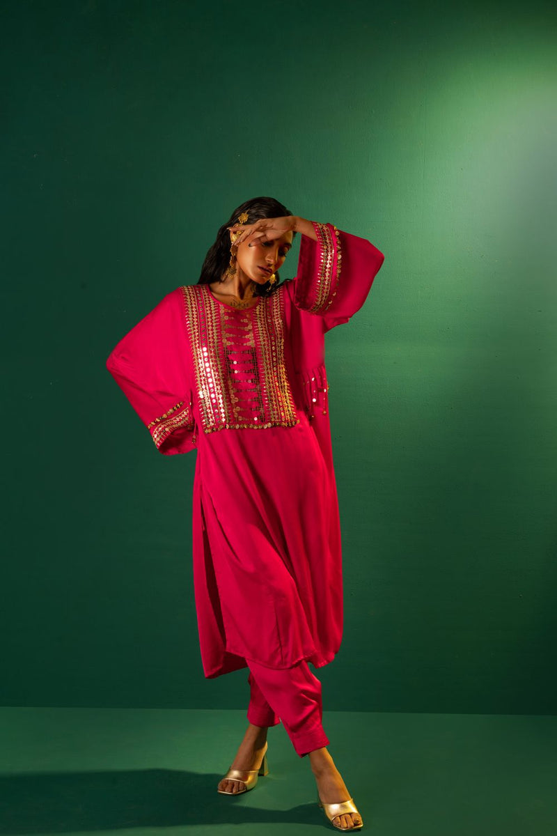 Chamakeen Marrakech Choga Kurta Set satin by PRAHNAAYA in pink color for women Worldwide