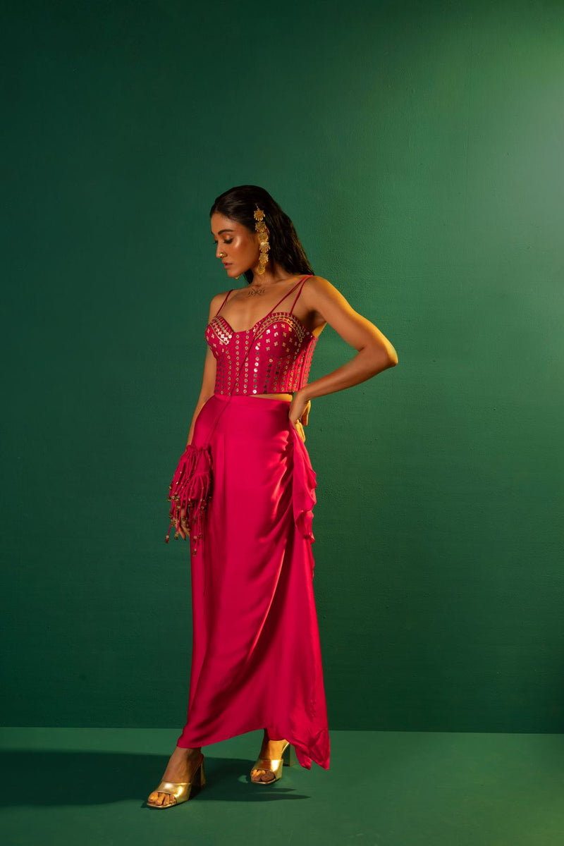 Chamakeen Mirror Sequin Blouse with Skirt satin by PRAHNAAYA in pink color for women Worldwide