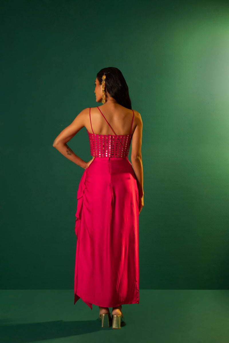 Chamakeen Mirror Sequin Blouse with Skirt satin by PRAHNAAYA in pink color for women Worldwide