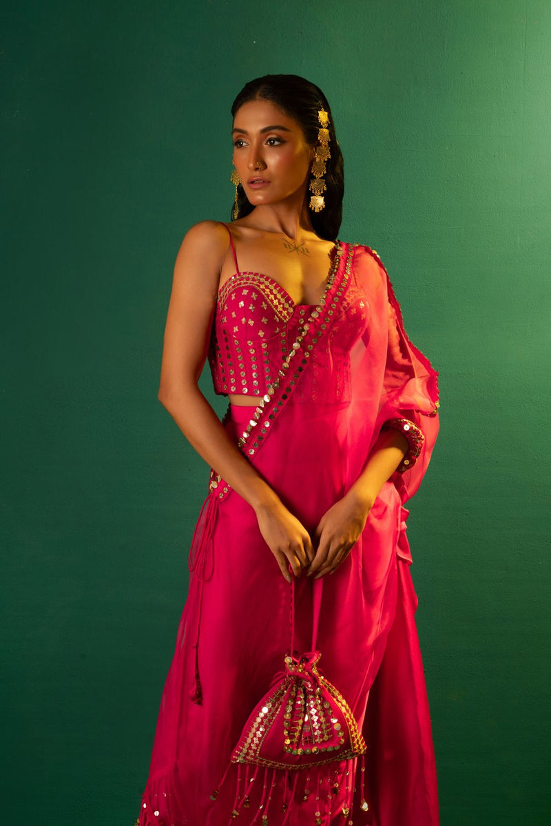 Chamakeen Mirror Sequin Blouse with Skirt & Half Cape satin by PRAHNAAYA in pink color for women Worldwide