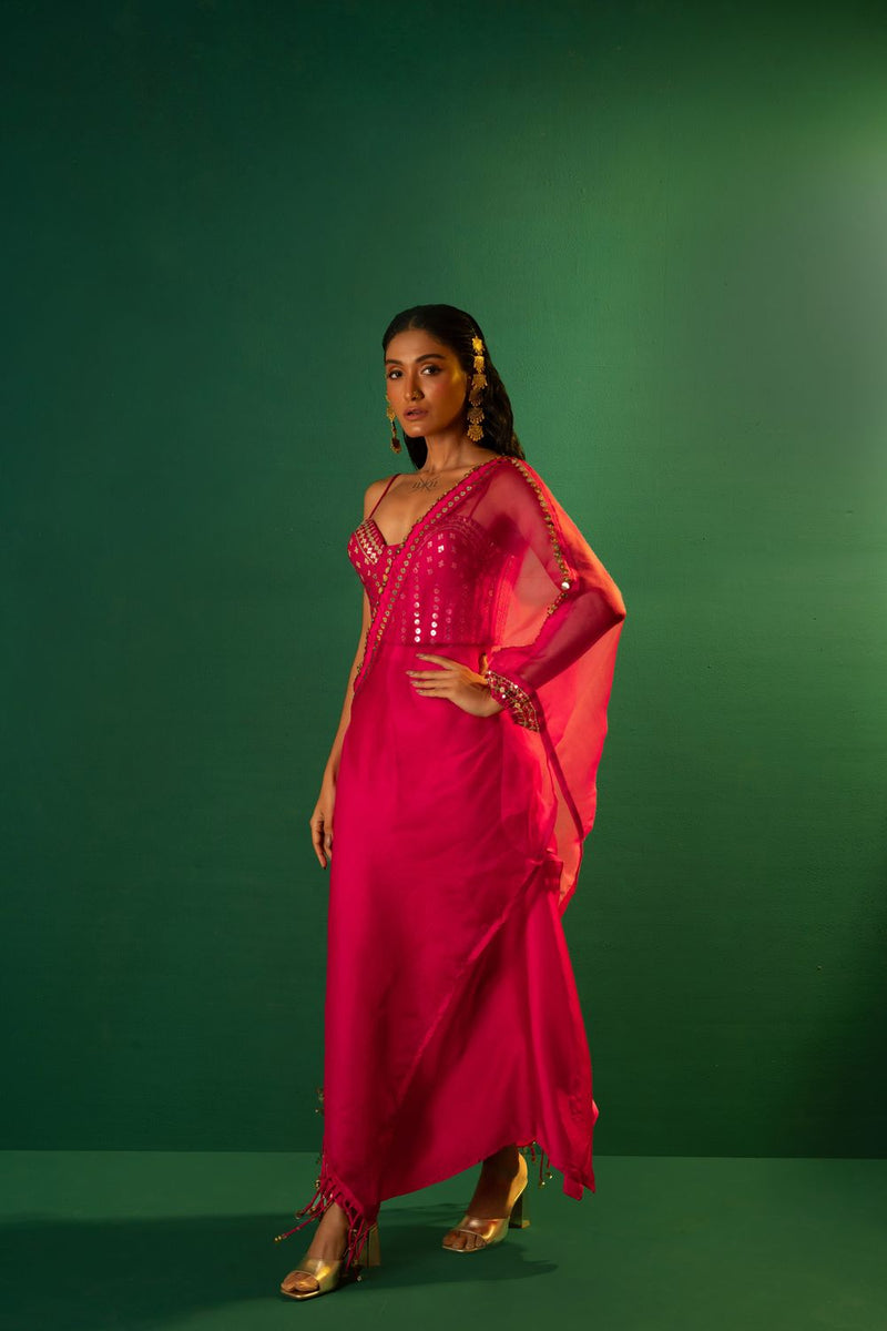Chamakeen Mirror Sequin Blouse with Skirt & Half Cape satin by PRAHNAAYA in pink color for women Worldwide
