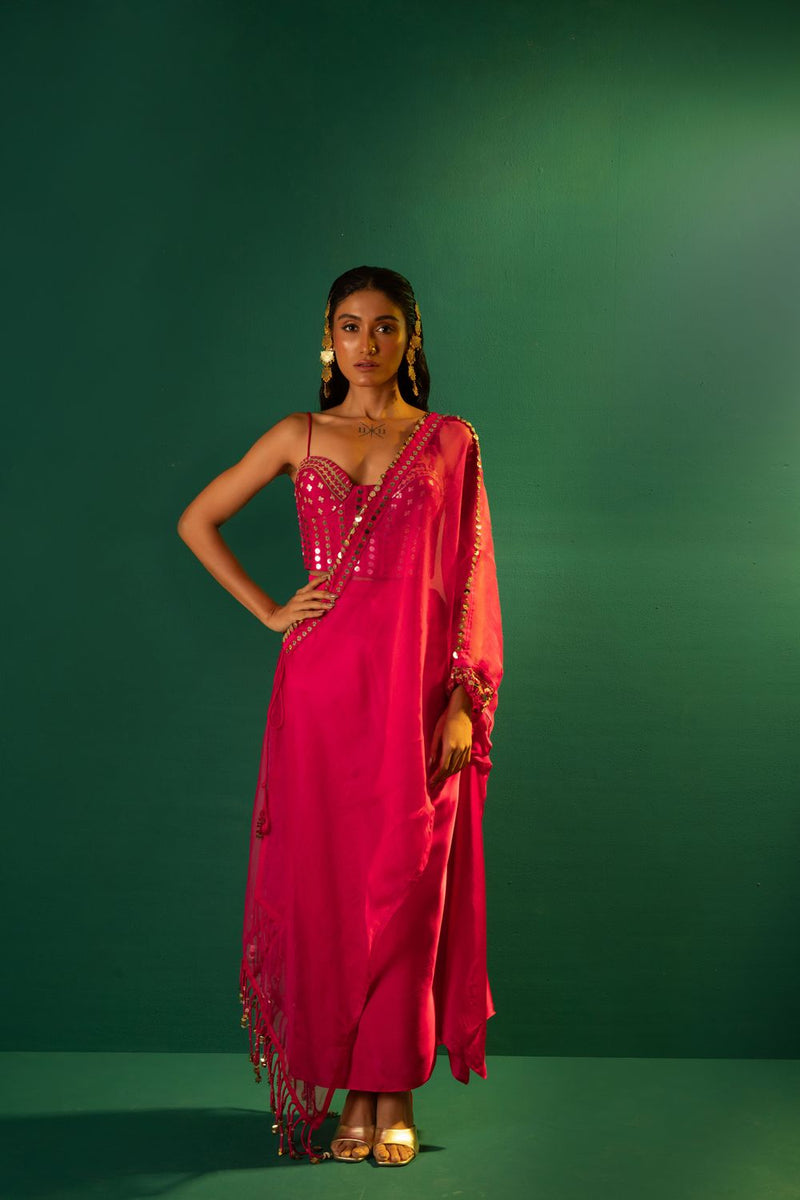 Chamakeen Mirror Sequin Blouse with Skirt & Half Cape satin by PRAHNAAYA in pink color for women Worldwide