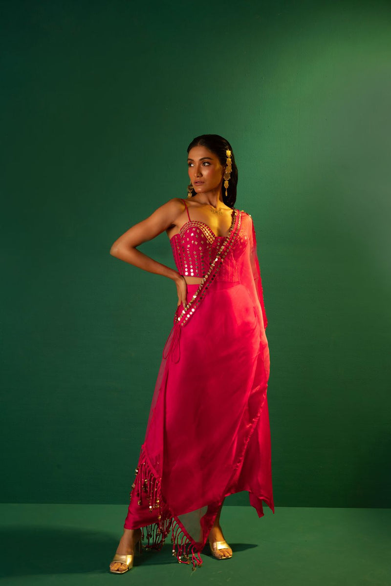 Chamakeen Mirror Sequin Blouse with Skirt & Half Cape satin by PRAHNAAYA in pink color for women Worldwide