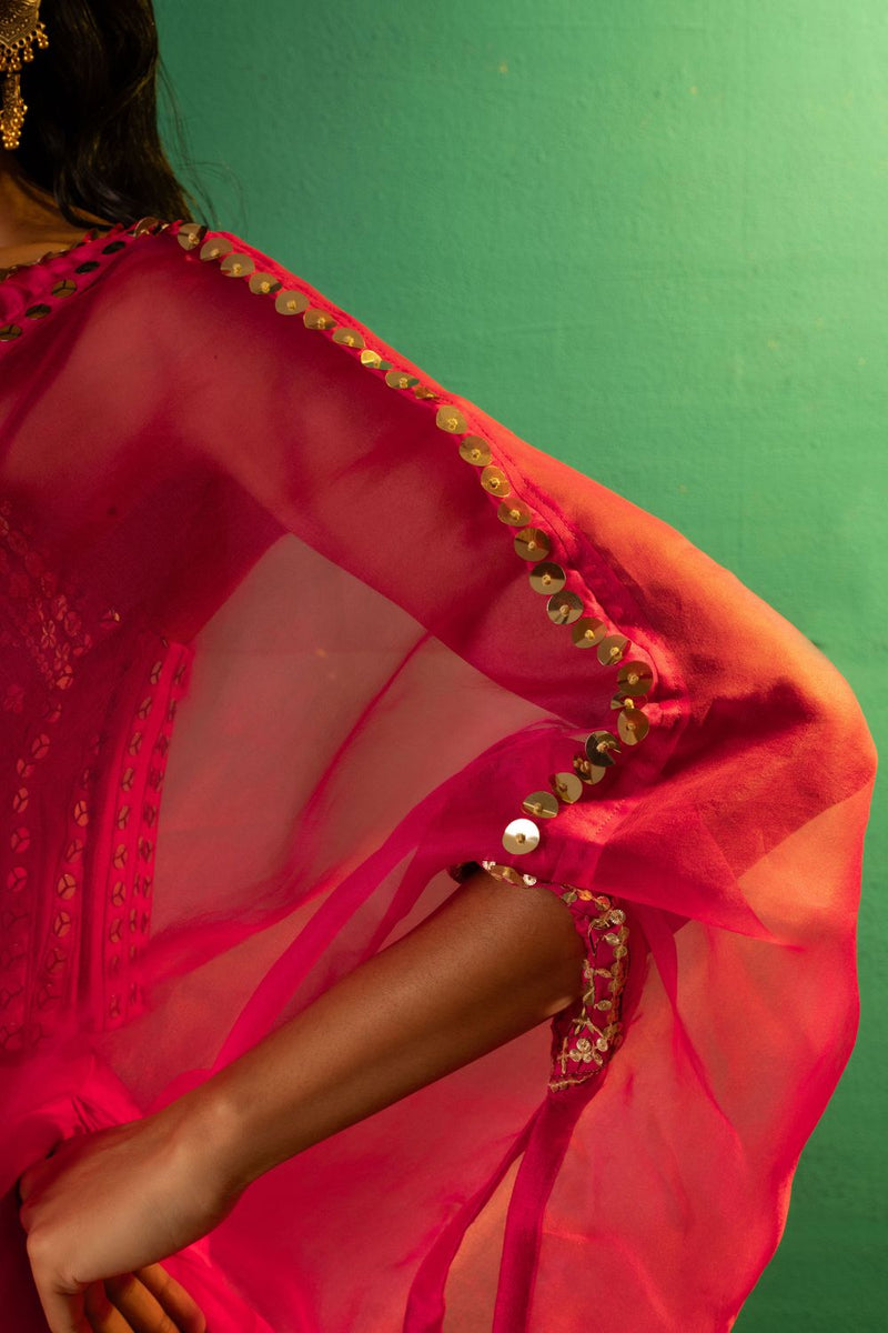 Chamakeen Mirror Sequin Blouse with Skirt & Half Cape satin by PRAHNAAYA in pink color for women Worldwide
