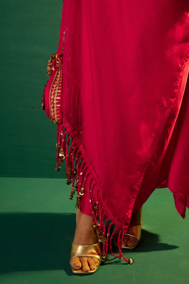 Chamakeen Mirror Sequin Blouse with Skirt & Half Cape satin by PRAHNAAYA in pink color for women Worldwide