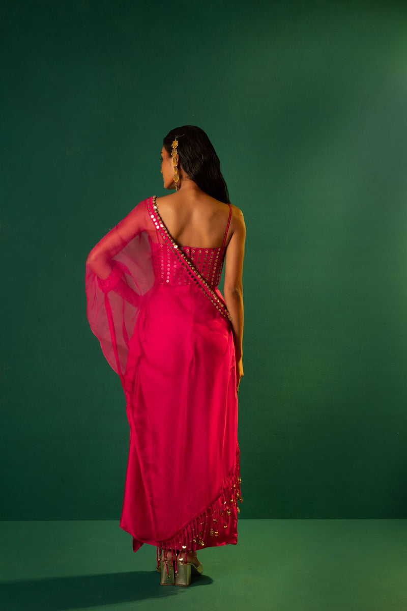 Chamakeen Mirror Sequin Blouse with Skirt & Half Cape satin by PRAHNAAYA in pink color for women Worldwide
