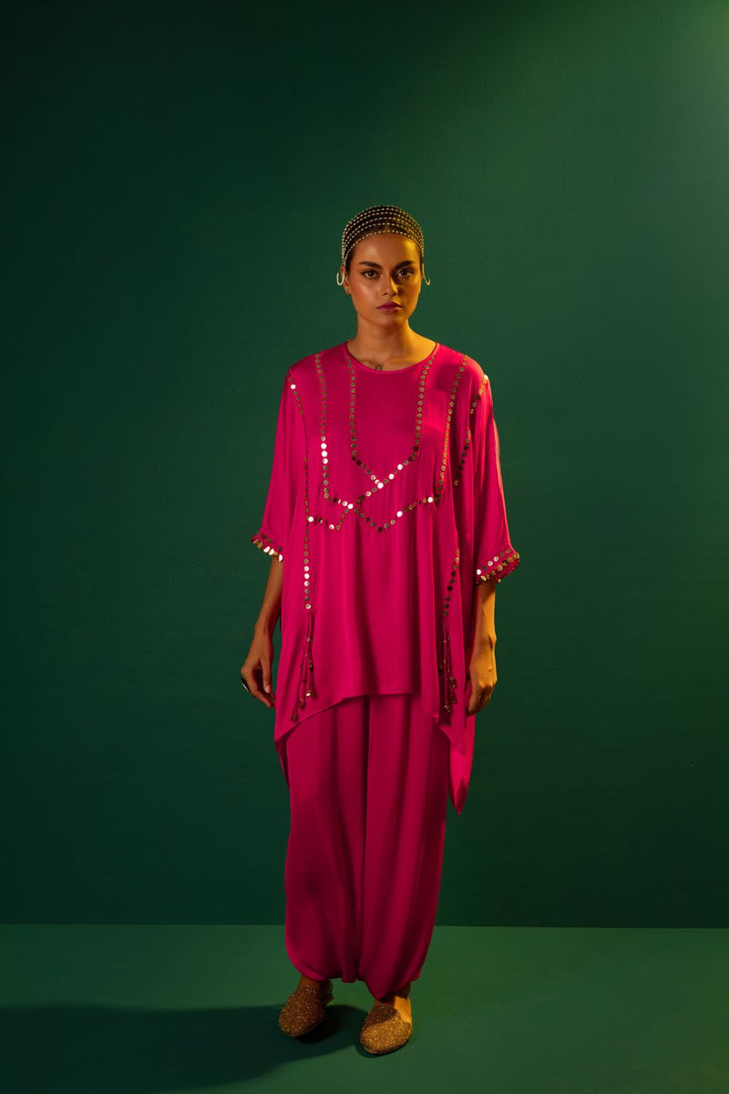 Chamakeen Asymmetric Coord Set satin by PRAHNAAYA in pink color for women Worldwide