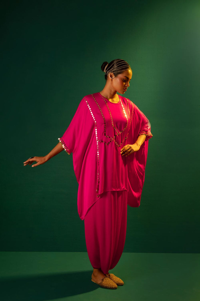 Chamakeen Asymmetric Coord Set satin by PRAHNAAYA in pink color for women Worldwide