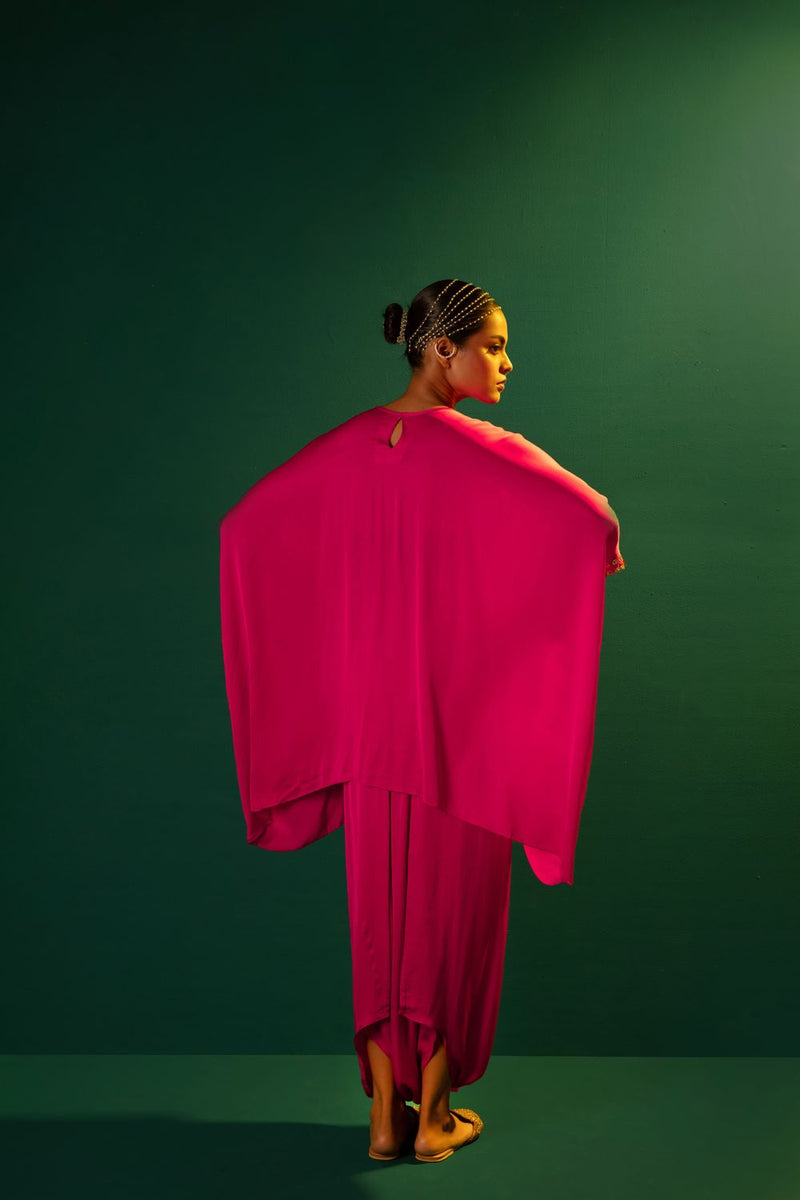 Chamakeen Asymmetric Coord Set satin by PRAHNAAYA in pink color for women Worldwide