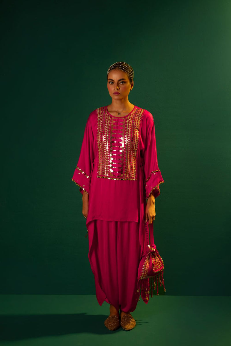 Chamakeen Tunic with Dhoti Skirt satin by PRAHNAAYA in pink color for women Worldwide
