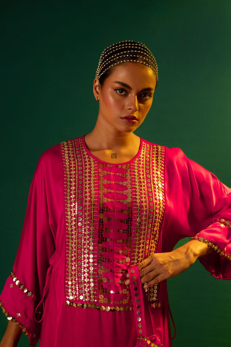 Chamakeen Tunic with Dhoti Skirt satin by PRAHNAAYA in pink color for women Worldwide