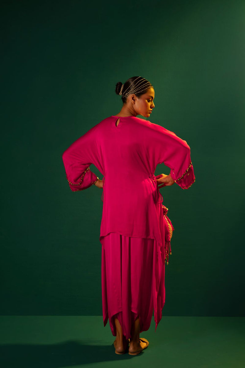 Chamakeen Tunic with Dhoti Skirt satin by PRAHNAAYA in pink color for women Worldwide
