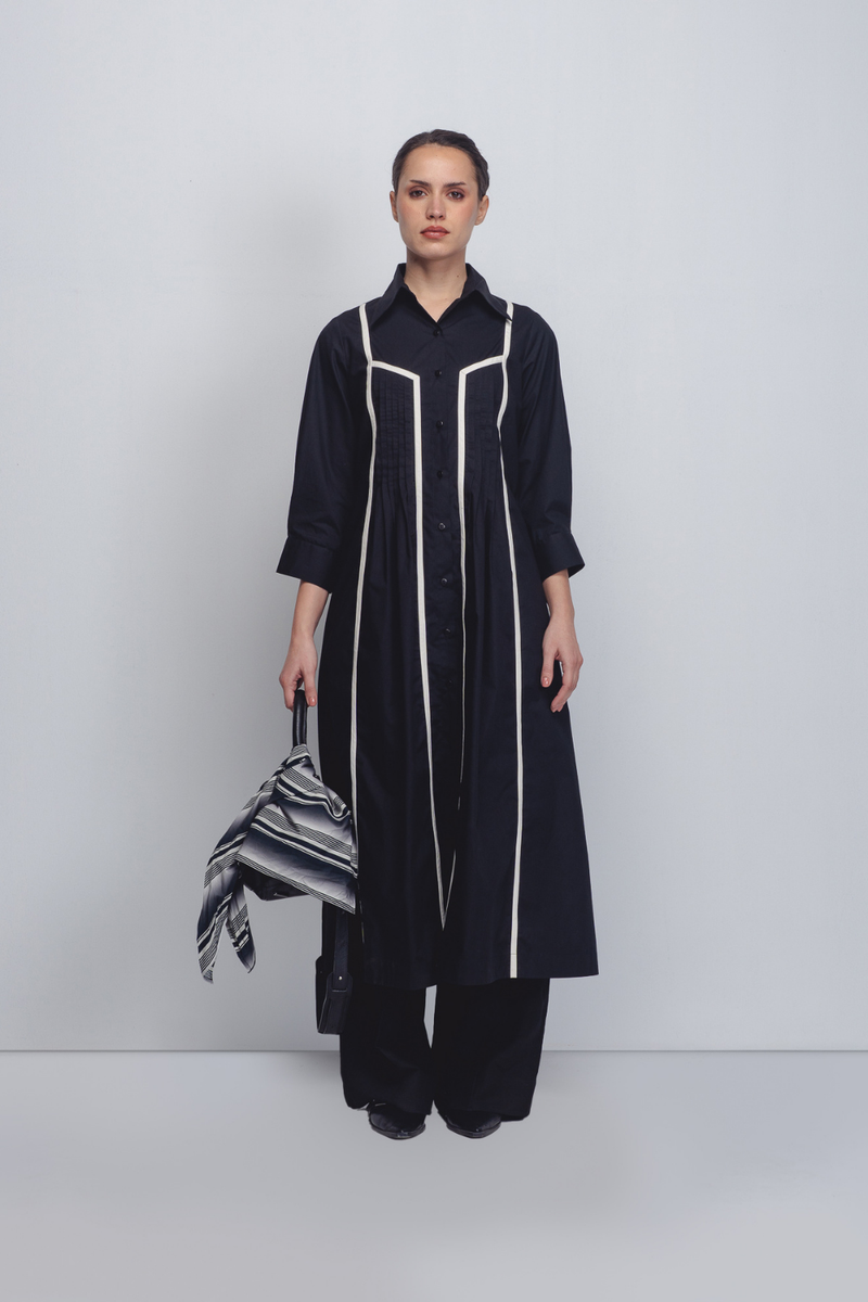 Column Shirt Dress - Black cotton by Leh Studios in black color for women Worldwide