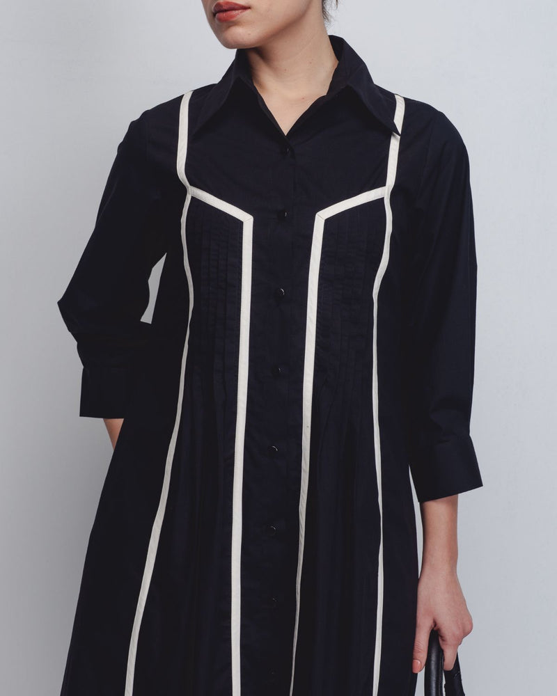 Column Shirt Dress - Black cotton by Leh Studios in black color for women Worldwide