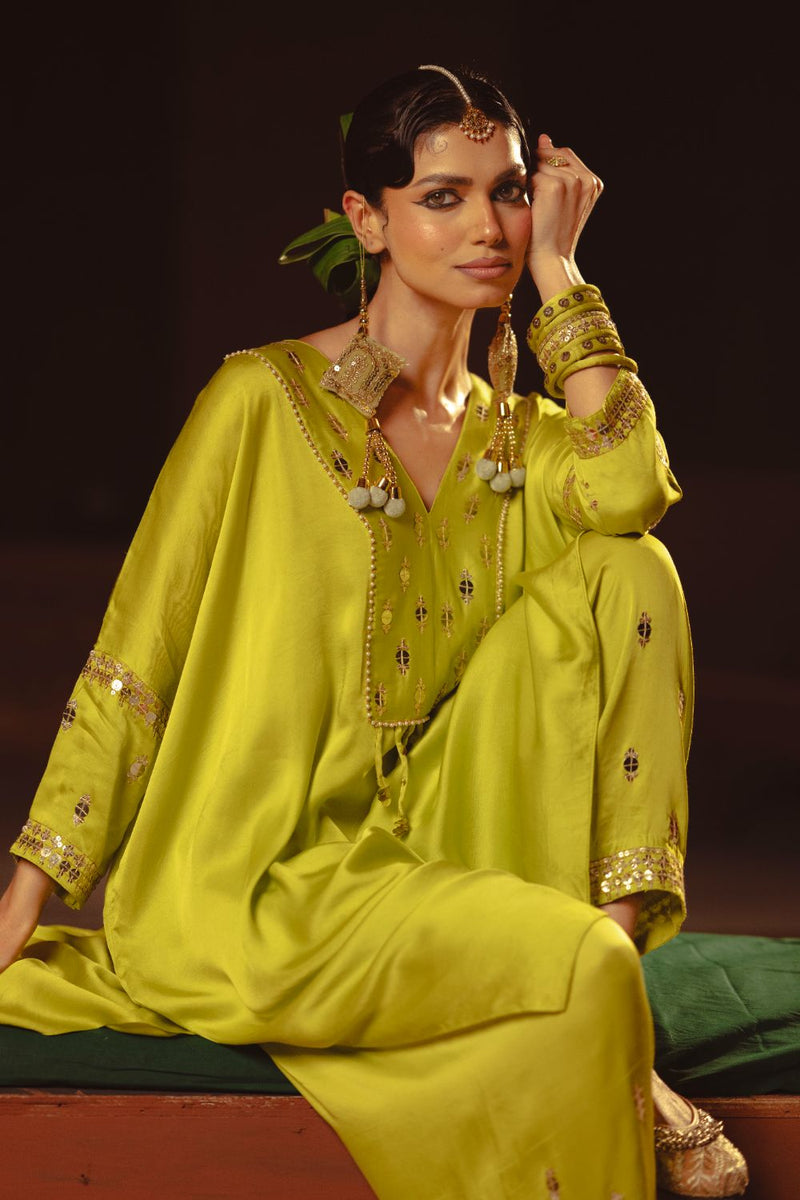Chamakeen Antifit Tunic with Salwar satin by PRAHNAAYA in green color for women Worldwide