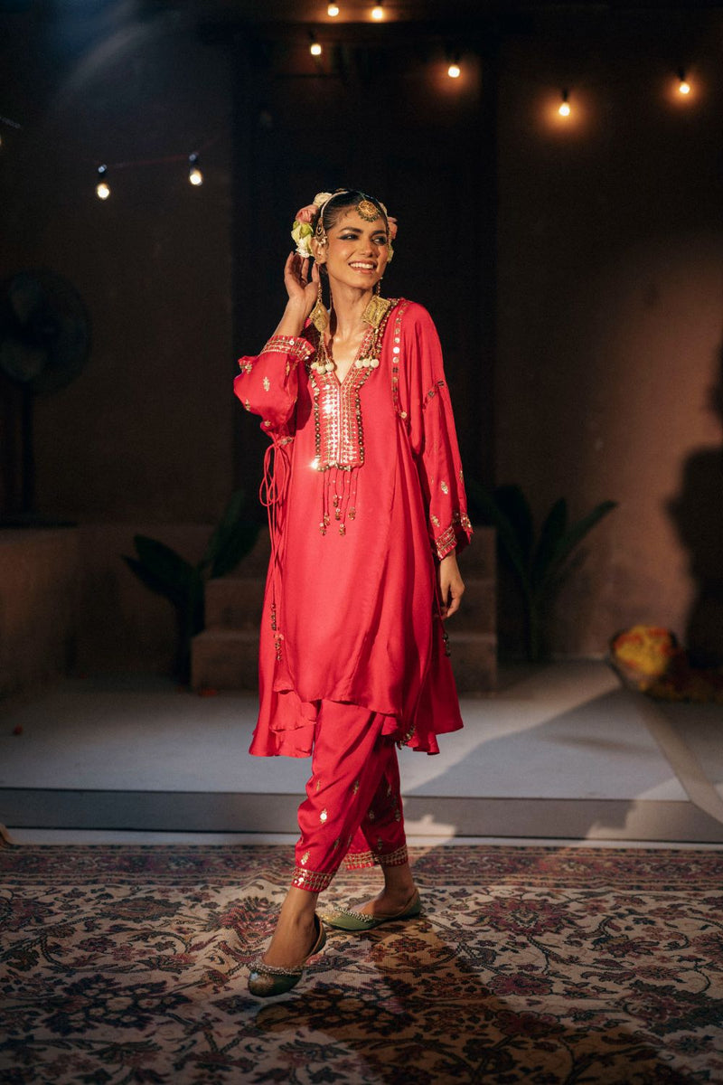 Chamakeen Antifit Asymmetrical Kurta Set satin by PRAHNAAYA in pink color for women Worldwide
