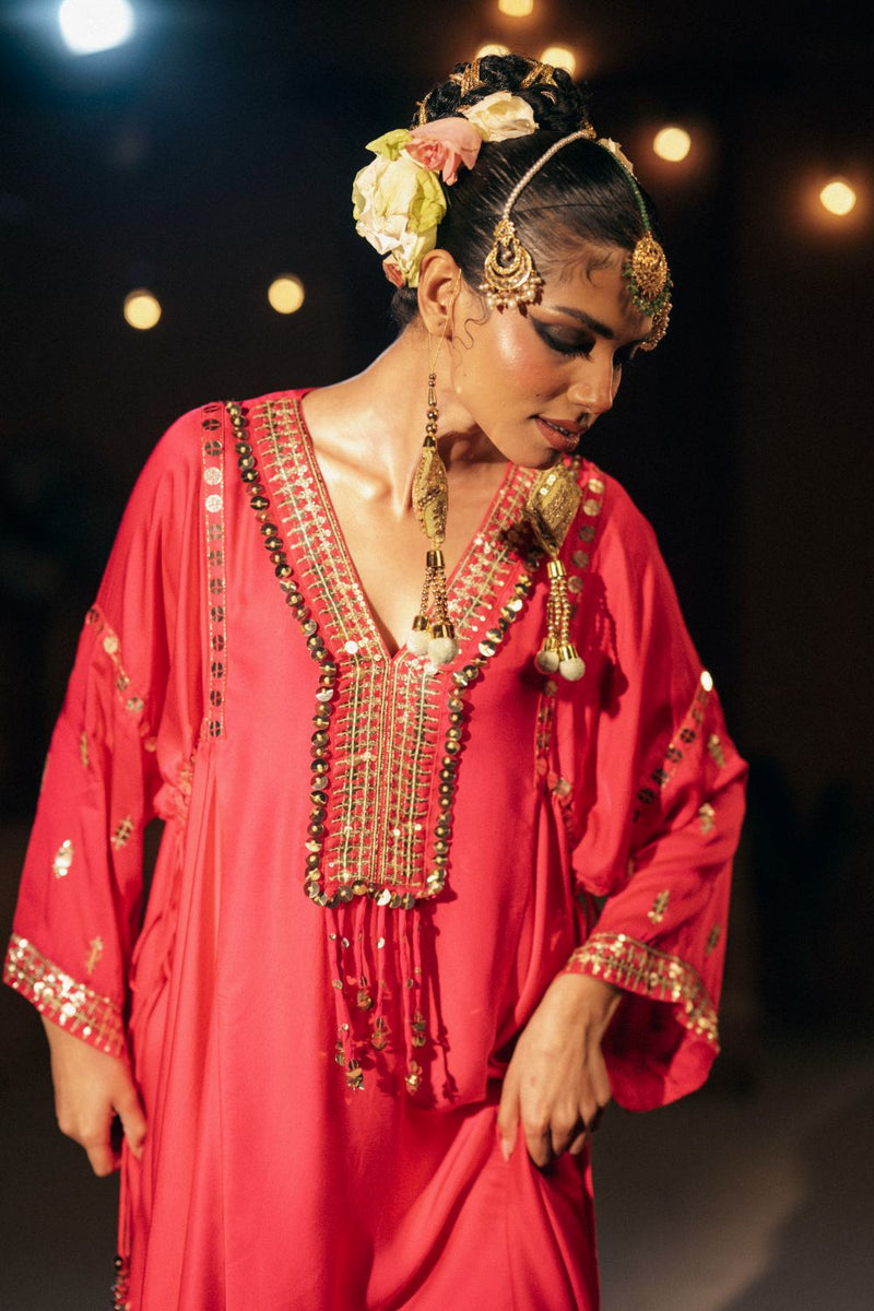 Chamakeen Antifit Asymmetrical Kurta Set satin by PRAHNAAYA in pink color for women Worldwide