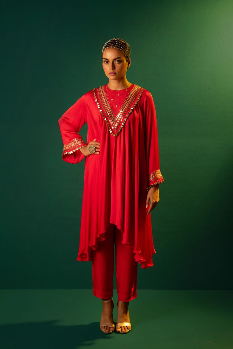 Chamakeen Asymmetrical Kurta Set satin by PRAHNAAYA in red color for women Worldwide