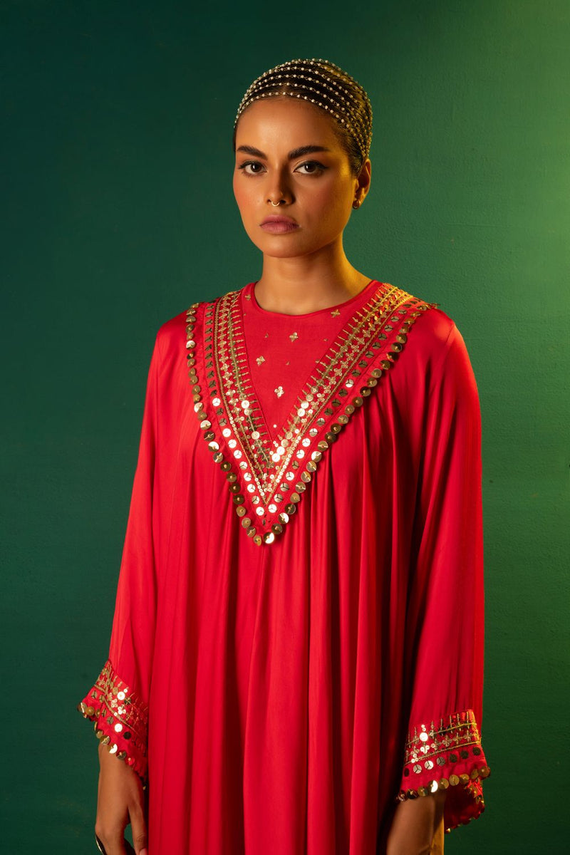 Chamakeen Asymmetrical Kurta Set satin by PRAHNAAYA in red color for women Worldwide