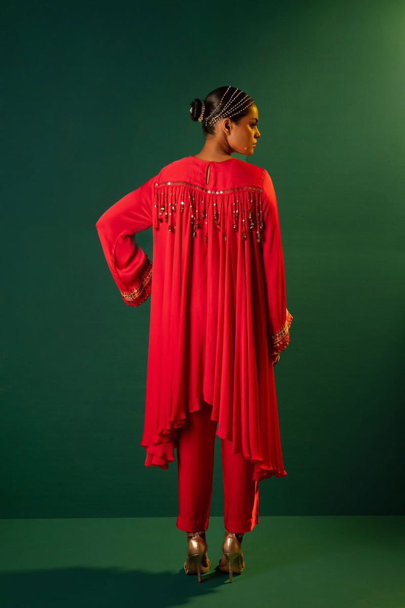 Chamakeen Asymmetrical Kurta Set satin by PRAHNAAYA in red color for women Worldwide