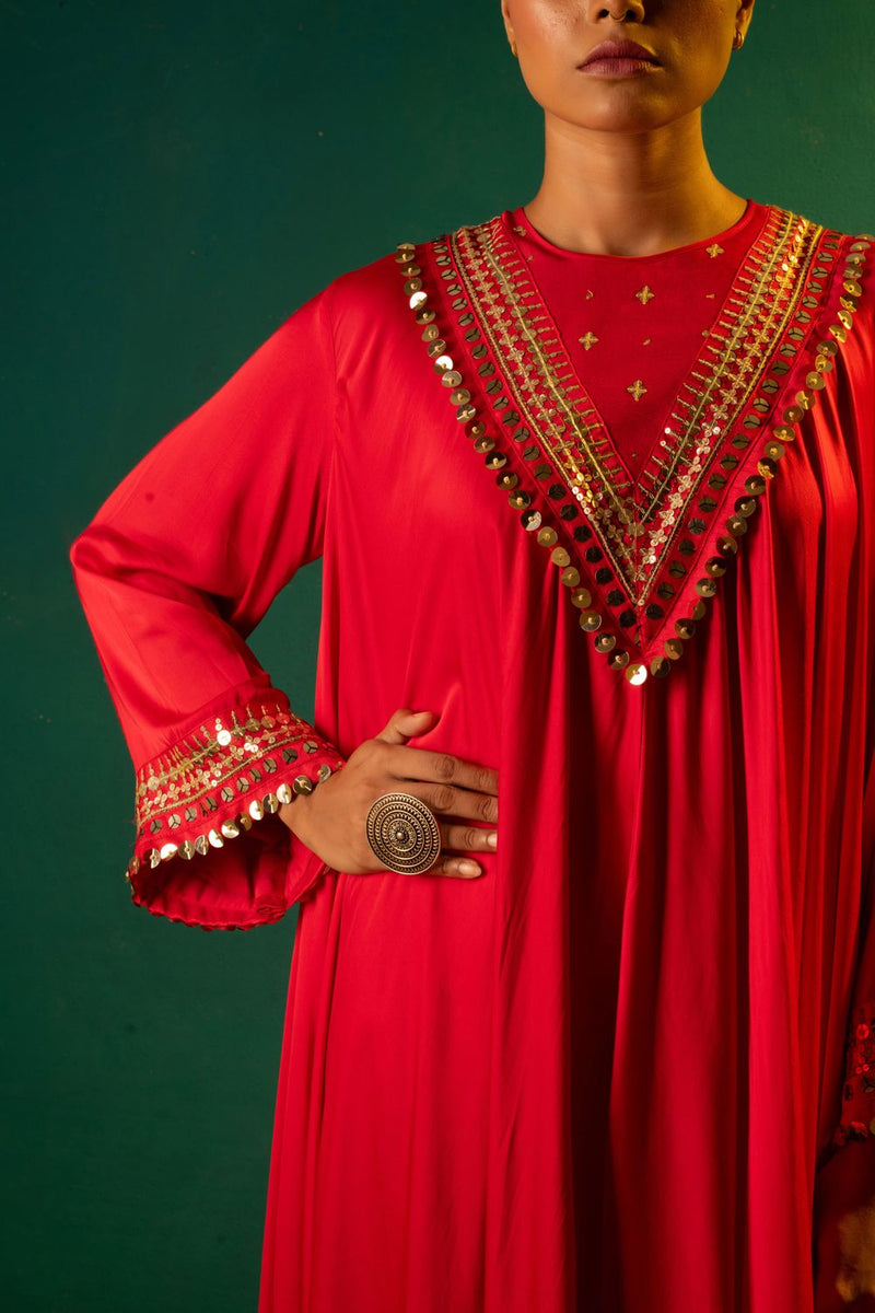 Chamakeen Asymmetrical Kurta Set satin by PRAHNAAYA in red color for women Worldwide