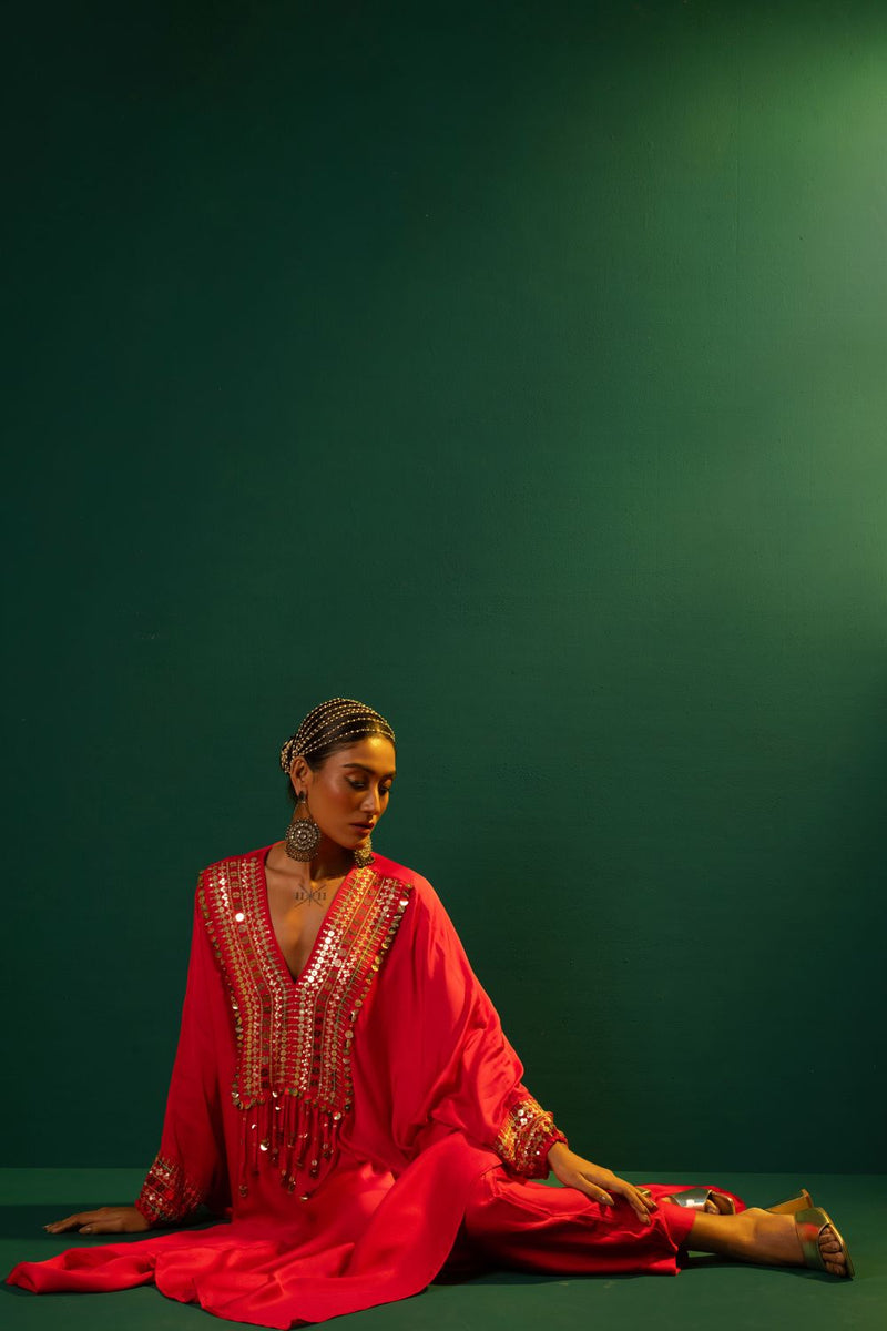 Chamakeen Morrocon Red Kaftaan with Pants satin by PRAHNAAYA in red color for women Worldwide