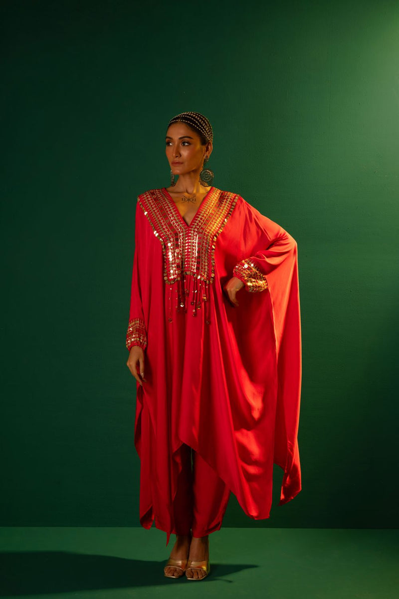 Chamakeen Morrocon Red Kaftaan with Pants satin by PRAHNAAYA in red color for women Worldwide