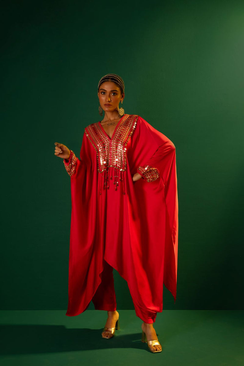 Chamakeen Morrocon Red Kaftaan with Pants satin by PRAHNAAYA in red color for women Worldwide