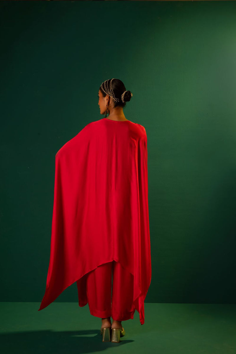 Chamakeen Morrocon Red Kaftaan with Pants satin by PRAHNAAYA in red color for women Worldwide