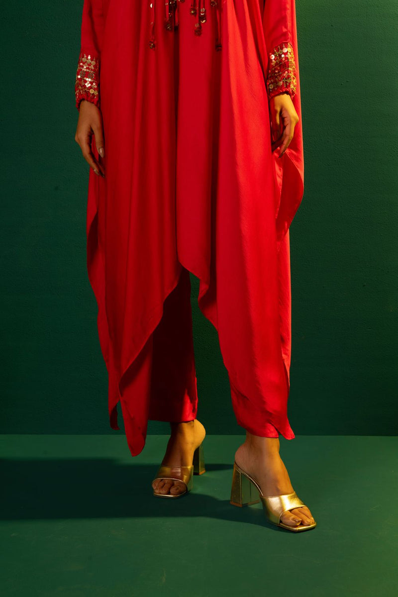 Chamakeen Morrocon Red Kaftaan with Pants satin by PRAHNAAYA in red color for women Worldwide