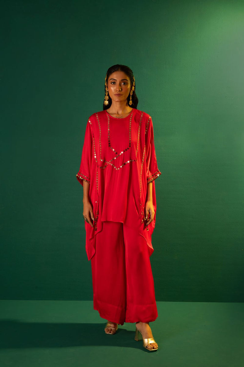 Chamakeen Morrocon Red Co-ord Set satin by PRAHNAAYA in red color for women Worldwide