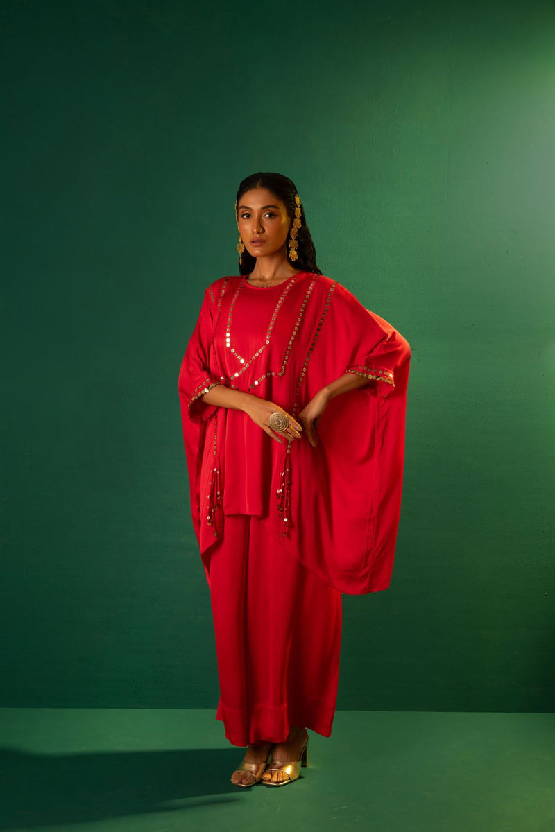 Chamakeen Morrocon Red Co-ord Set satin by PRAHNAAYA in red color for women Worldwide