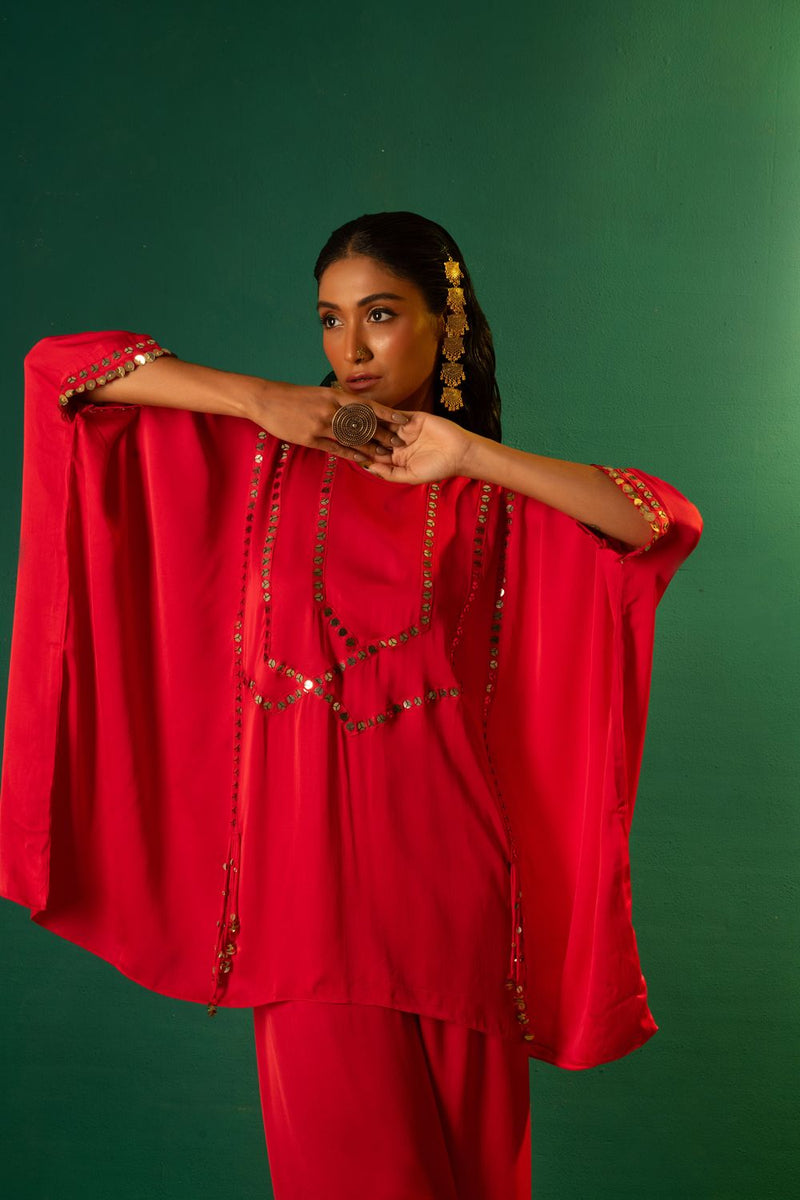 Chamakeen Morrocon Red Co-ord Set satin by PRAHNAAYA in red color for women Worldwide