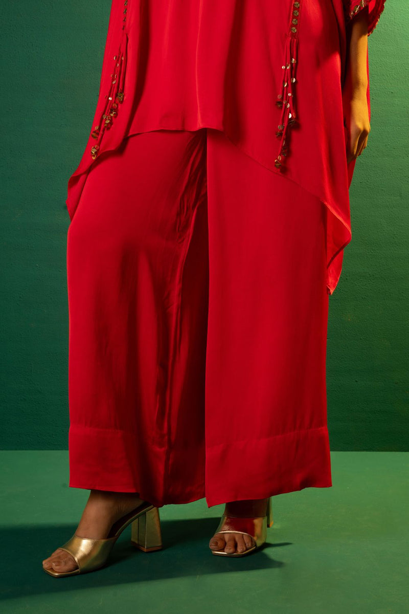 Chamakeen Morrocon Red Co-ord Set satin by PRAHNAAYA in red color for women Worldwide