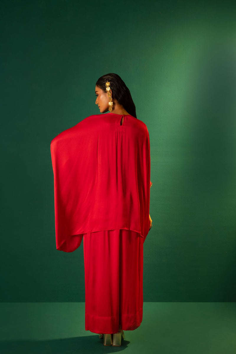 Chamakeen Morrocon Red Co-ord Set satin by PRAHNAAYA in red color for women Worldwide