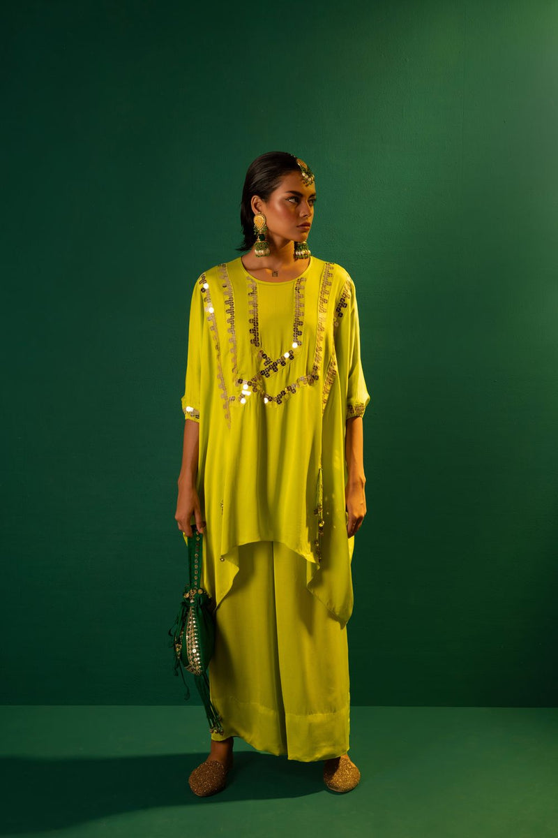 Chamakeen Masai Neon Co-ord Set satin by PRAHNAAYA in green color for women Worldwide