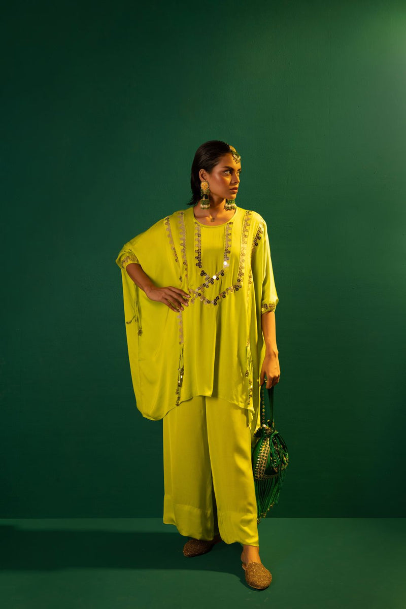 Chamakeen Masai Neon Co-ord Set satin by PRAHNAAYA in green color for women Worldwide