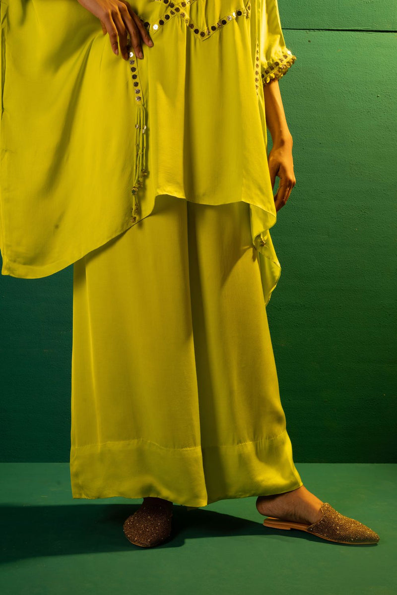 Chamakeen Masai Neon Co-ord Set satin by PRAHNAAYA in green color for women Worldwide