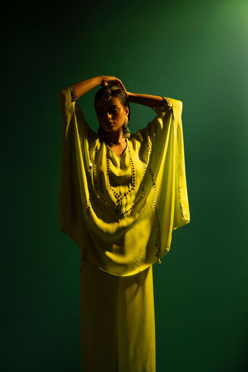 Chamakeen Masai Neon Co-ord Set satin by PRAHNAAYA in green color for women Worldwide