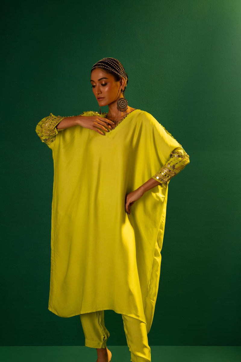 Chamakeen Masai Antifit Kurta Set satin by PRAHNAAYA in green color for women Worldwide