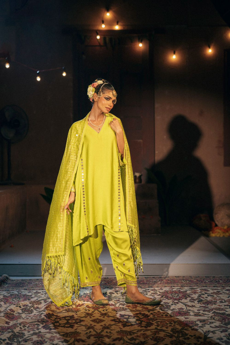 Chamakeen Anti-fit Choga Tunic Salwar Set satin by PRAHNAAYA in green color for women Worldwide