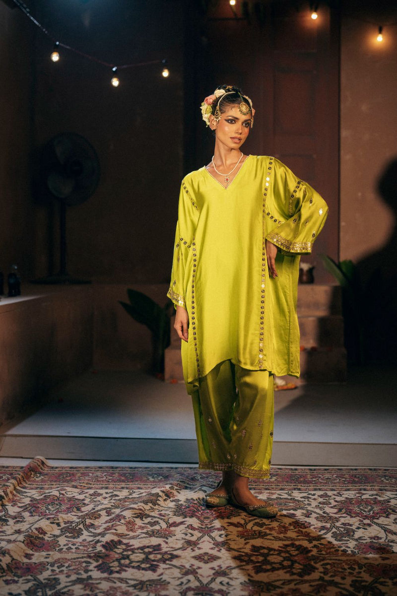 Chamakeen Anti-fit Choga Tunic Salwar Set satin by PRAHNAAYA in green color for women Worldwide