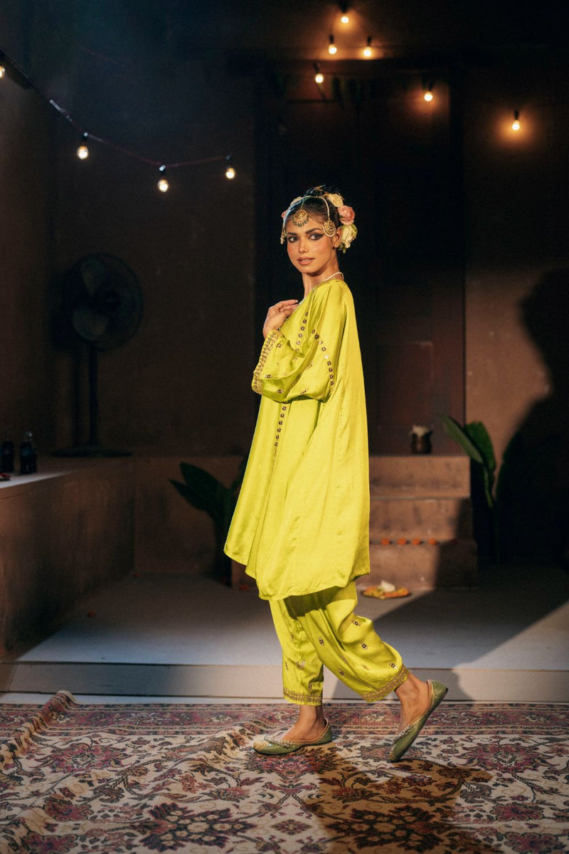 Chamakeen Anti-fit Choga Tunic Salwar Set satin by PRAHNAAYA in green color for women Worldwide